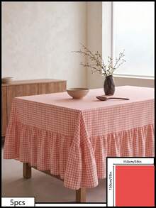 1pc Pink And White Small Checkered Tablecloth, Warm Pastoral Style, Fabric Material, Rectangular Long With Ruched Edge And Pleated Detail, Decorative And Functional, Suitable For Daily Home Dining Scenes - Pink - View 11