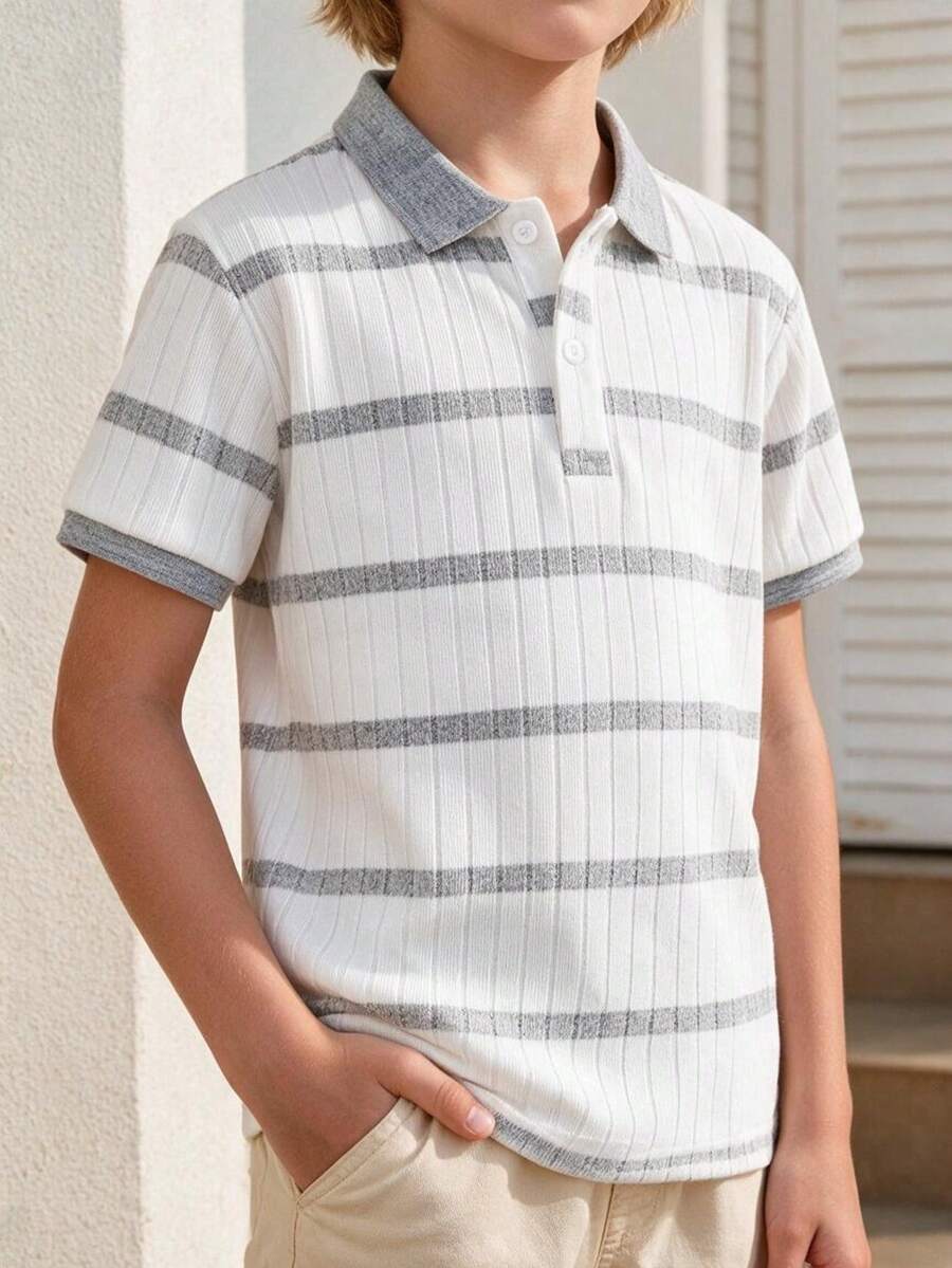 Tween Boy Casual Stylish Textured Colorblock Striped Short Sleeve Polo Shirt, Suitable For Spring/Summer, Back To School, Daily Wear, Vacation - Light Grey - View 1