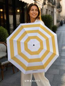 UMBAUTY paraply, orange- och gulrandigt mönster, bärbart för resor, solskydd och regntätt, förstärkt ram med 8 ekrar, öppnas/stängs med ett klick, svart beläggning SPF 30+ solskydd, värmereducerande och vattentätt tyg, dubbelanvändning automatiskt paraply för soliga och regniga dagar - Multifärgad - Visa 7