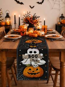 1pc Halloween Linen Table Runner, Black Spooky Rectangular Table Decor With BOO, Pumpkin, Skull And Black Cat Print, Festive Tabletop Decoration For Halloween Party, Kitchen And Home - Multicolor - View 2