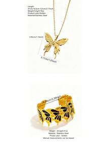 VceTd2PCS Fashion Vacation Style Stainless Steel Women's Jewelry Set With Gold-Colored Butterfly Pendant Necklace And Enamel Color Bracelet, Suitable For Daily Wear, Dating Or Vacation - Yellow Gold - View 10