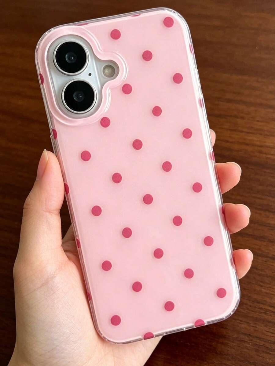 1pc Pink Purple Polka Dot Print Shockproof Phone Case, Daily Leisure Sweet‑Style Protective Shell, Holiday Gift For Women Men, Compatible With IPhone 11 12 13 14 15 16 17 18 Pro Max - Pink - View 1