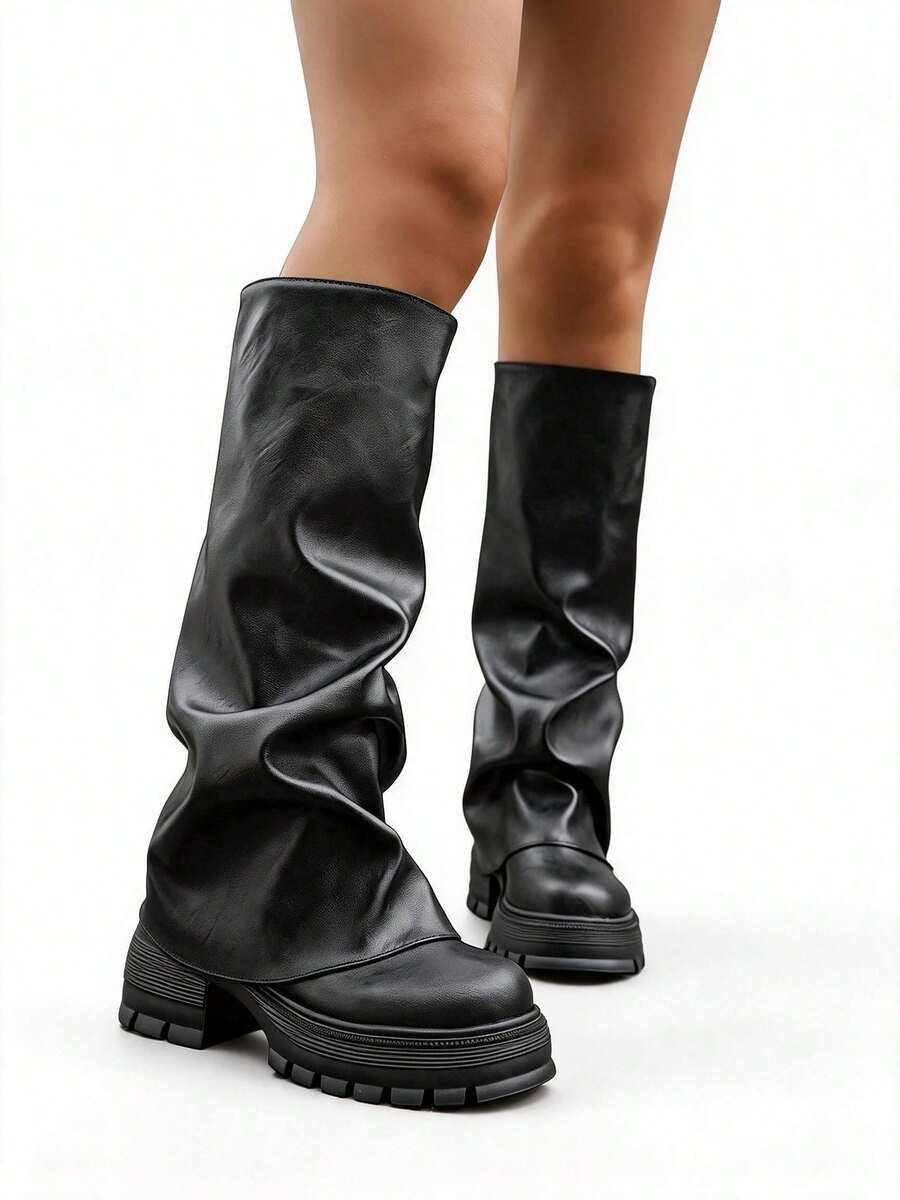 Okurime. Women's Round Toe Chunky Boots, All-Season Pleated Slip-On Pants, Suitable For Daily Outdoor Commute - Black - View 1