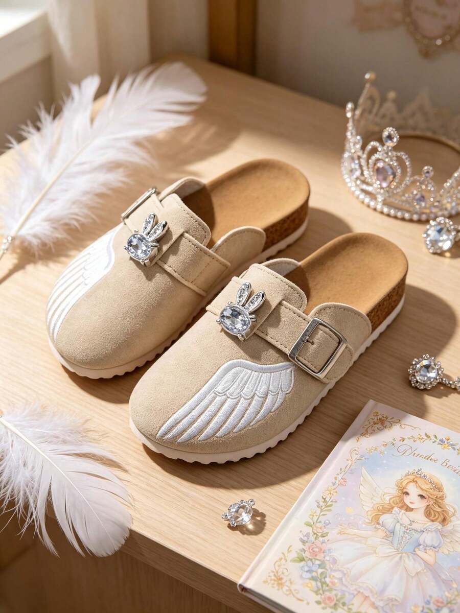 1雙米色女童人造麂皮穆勒拖鞋,翅膀刺繡水鑽兔兔扣平底拖鞋,兒童軟木鞋床涼拖,適合日常戶外穿著 - 米色 - 查看 1