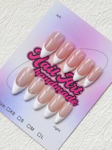 10pcs/Set Handmade Medium Almond Shape Y2K Baddie Style Press-On Nails, Nude Color, White French Tips, Suitable For Party, Dance, Daily Wear, Comes With Tool Set, Perfect Gift For Women - White - View 3