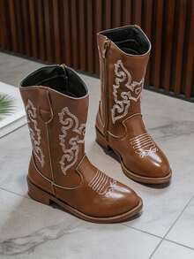 1 Pair Minimalist Fashion Kids Vintage Embroidered Western Cowboy Boots, Suitable For Holiday Parties, Suitable For Daily Wear, Suitable For Outdoor Outings And Photography, All-Season Versatile - Brown - View 5