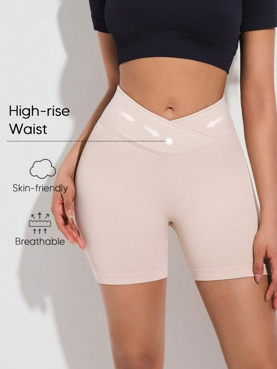 Women's Solid Color High Waist Ribbed Fitted Base Shorts