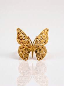 1pc Vintage Luxury Honeycomb Hollow Butterfly Gold Open Ring, Niche High-End Adjustable Stackable Finger Ring - Gold - View 3