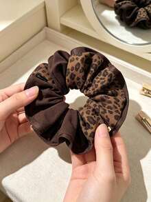 1pcVintage Retro Fabric Scrunchie, Leopard & Brown Double-Sided, Hold Ponytail, Hair Scrunchie, For Daily, Date, Street Style, All Seasons - Multicolor - View 5