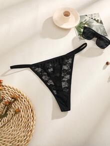 1pc Women's Sexy Floral Lace G-String Panties Lingerie - Black - View 2