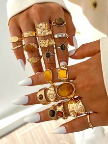 20pcs/6pcs Vintage Elegant Casual Women's Metal Rings With Amber Tiger Eye Stone, Sun And Round Design, Suitable For Daily Wear And Vacation, Perfect For Matching And Gifting - Gold - View 1