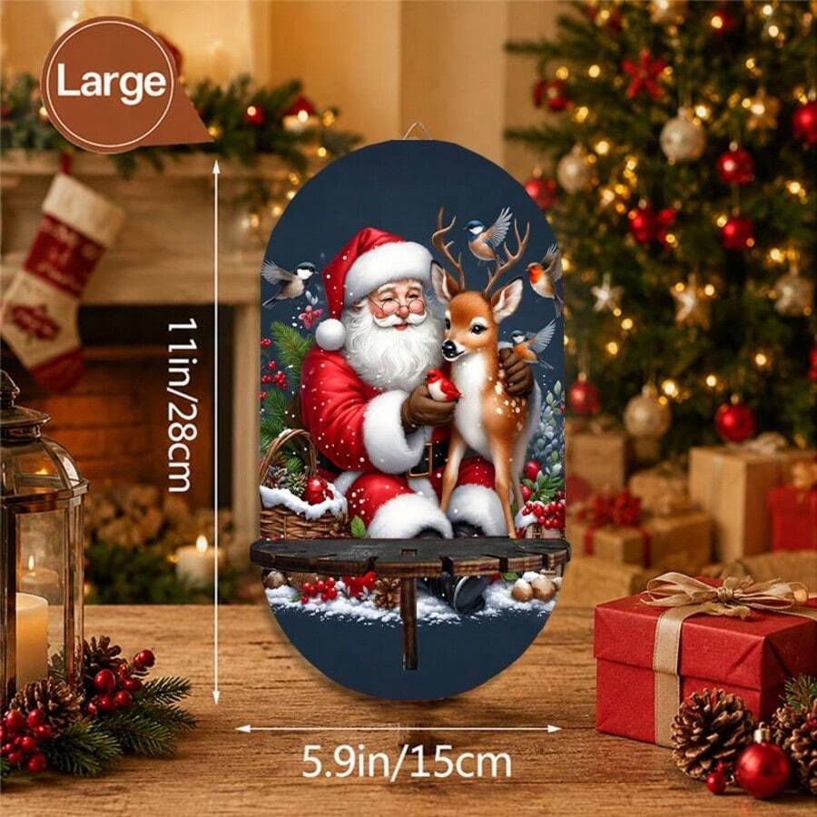 Wall-Mounted Candle Holder 2D Flat Santa Claus Holding Little Deer Holiday Theme Decorative Rack, Christmas Gift For Family And Friends, Crystal Stone Key Hanger Pendant Decor Wall Hanging Wooden Multi-Function Storage - Multicolor - View 1