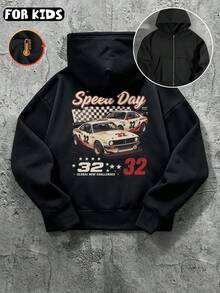 Kid's Zip Fleece Hoodie, Soft Cotton‑Blend,  Retro Race Car Back Print, Warm Outerwear - Black - View 1