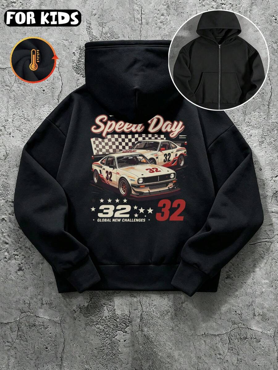 Kid's Zip Fleece Hoodie, Soft Cotton‑Blend, Retro Race Car Back Print, Warm Outerwear - Black - View 1