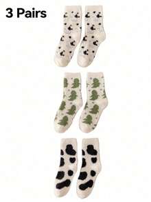 2 Pairs Cute Cow Pattern Plush Round Neck Fluffy Socks, Thick Warm Coral Fleece Socks, Soft & Comfortable, Suitable For Daily Wear, Holiday, Winter Home Warmth, Cozy & Caring - Multicolor - View 18
