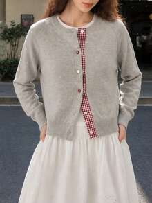 Women's Autumn/Winter Placket Woven Patchwork Cardigan Knit Sweater - Light Grey - View 3