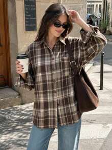 Women's Brushed Plaid Button Front Pocket Casual Shirt Spring - Brown - View 3