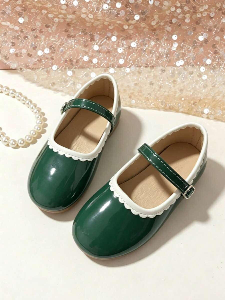 Green Shiny Mary Jane Flats For Girls, Shell Trim Decoration, Adjustable Buckle, Soft Sole, Suitable For Parties Or Daily Wear - Green - View 1