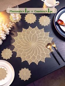 2pcs/set Hollow Out Leaf & Flower Patterned Pvc Placemat And Coaster, Washable & Easy To Clean & Anti-slip & Heat-resistant, Elegant Dining Table Setting, Kitchen Table Mat, Holiday Wedding Decorations - Gold - View 8