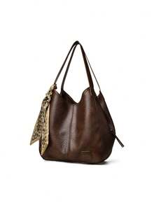 Shoulder Bag, Relaxed And Soft Large Capacity Body, Dual Extended Shoulder Straps For Comfortable Shoulder And Underarm Carrying, Scarf Tie Decoration Adds Delicate Atmosphere. Open Mouth Design For Convenient Access, Spacious Interior Can Store Various Personal Items, Meeting Daily Travel Needs, Suitable For Commuting, Shopping, And Outings, Creating A Simple And Timeless Daily Outfit Style. - Brown - View 7