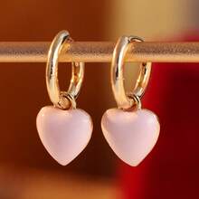 Fashion Pink Heart-Shaped Hoop Earrings, Women's Fashion Accessory - Gold - View 4