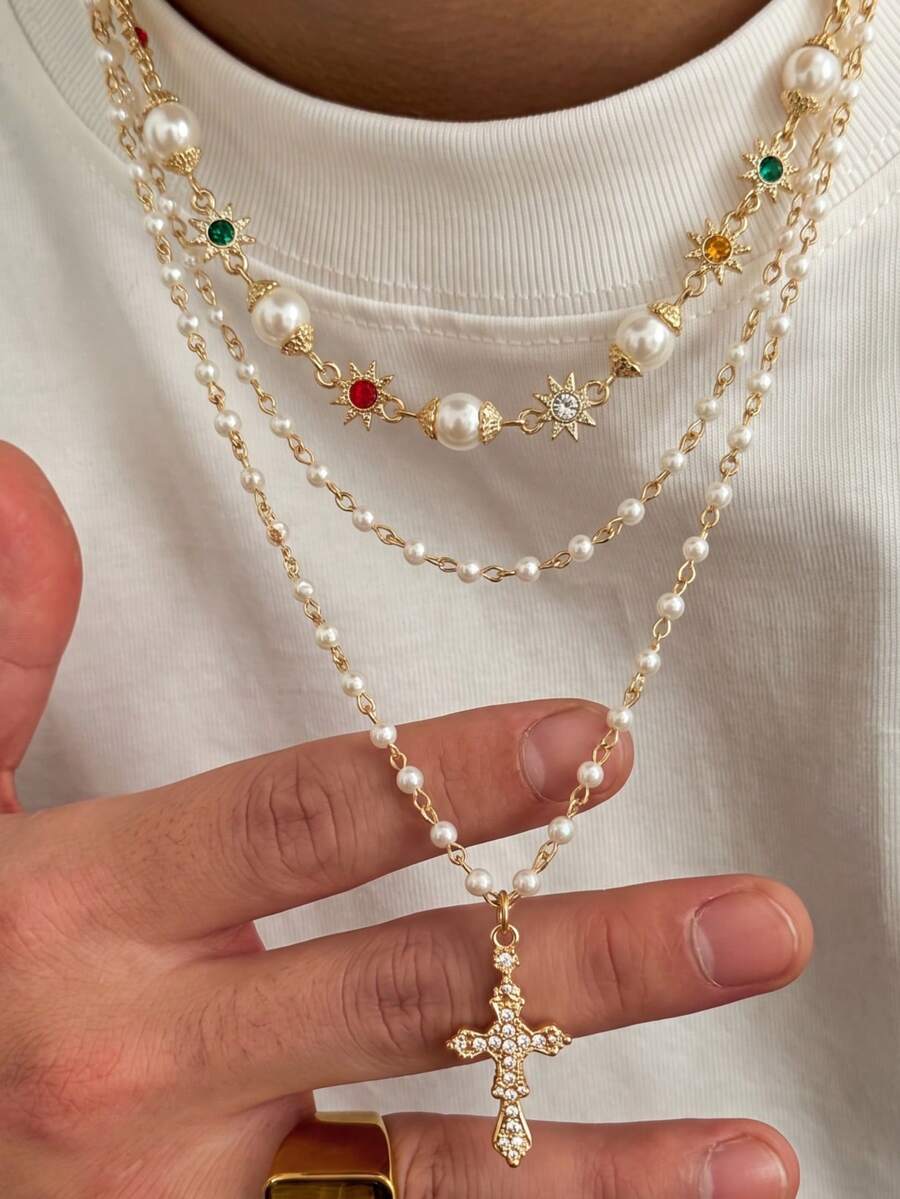 2件組男士項鍊套組,金色金屬,仿珍珠彩色星星花朵裝飾十字架吊墜,精緻奢華項鍊,日常通勤節日禮物 - 金色 - 查看 1