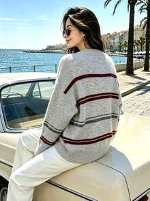 Autumn Arrival New Style Holiday Streetwear Ripped Frayed Color‑Striped Loose Casual Crew Neck Sweater - Multicolor - View 2