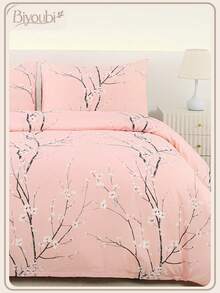 3pcs Bedding Set, Super Soft Fiber Fabric, Geometric Pattern & Floral Design, 1 Duvet Cover + 2 Pillowcases - Pink - View 2
