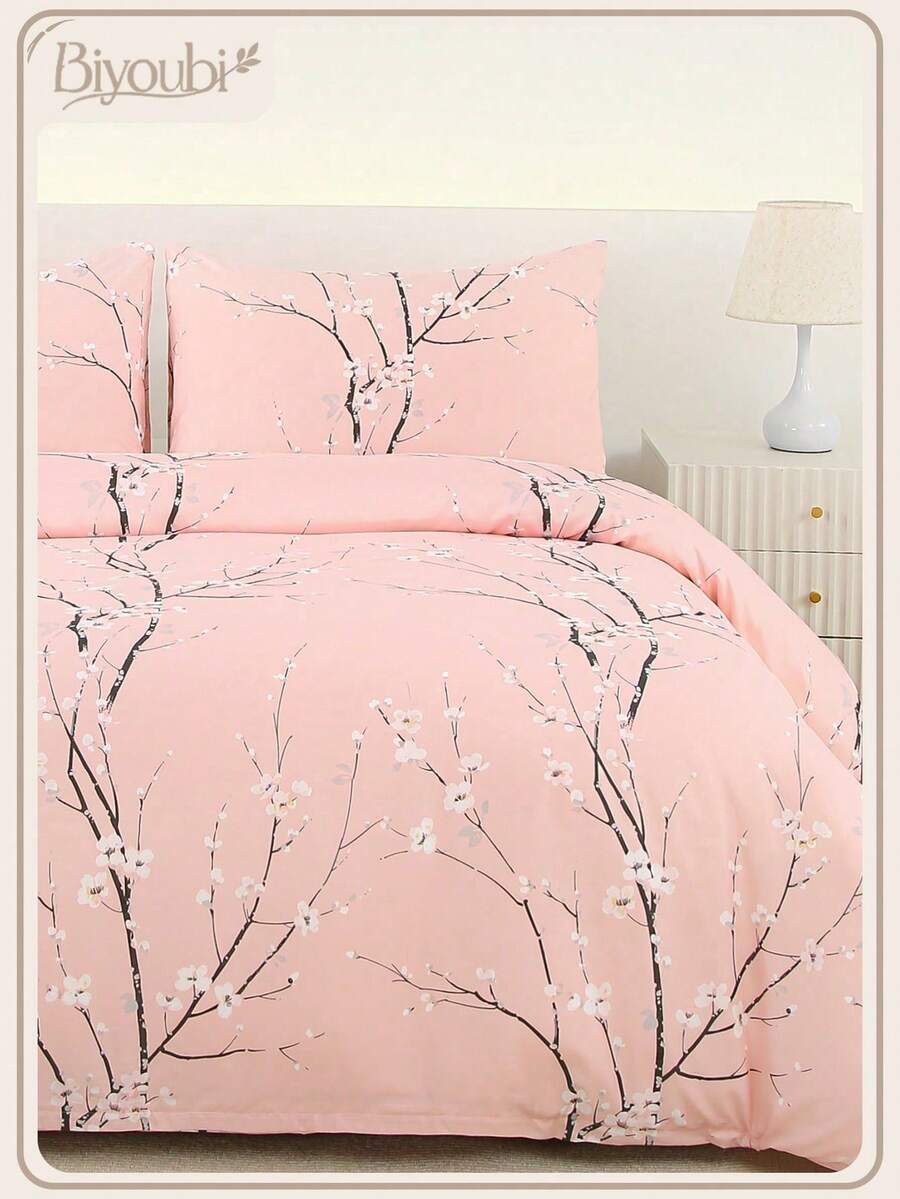 3pcs Bedding Set, Super Soft Fiber Fabric, Geometric Pattern & Floral Design, 1 Duvet Cover + 2 Pillowcases