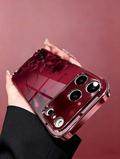 1pc Customized Name Fashion Phone Case, Dark Tone Lily Flower Pattern, Burgundy Electroplated Frame, High Definition Glass Shell, Compatible With Apple 18ProMax/17ProMax/16Pro/15/14Plus/13Pro/12ProMax/11/XsMax & S26Ultra/25Plus/24/23/22 & A36/A35/A33/A31/A26/A15/A13/Note20/10Pro And Other Series Models