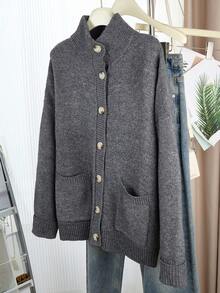 Women's Stand Collar Wool Cardigan, Thick Knit Loose Fit Casual Sweater, Autumn/Winter - Dark Grey - View 7