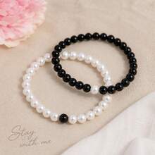 2PCS Minimalist Fashion Jewelry Gift, Faux Pearl And Black Bead, Stackable Bracelet Set, Valentine's Day Gift, Birthday Gift - Multicolor - View 3