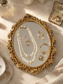 Vintage Gold Oval Mirror Jewelry Tray, Baroque Carved Vanity Storage Box, Suitable For Rings, Earrings, Necklaces And Bracelets - Multicolor - View 1