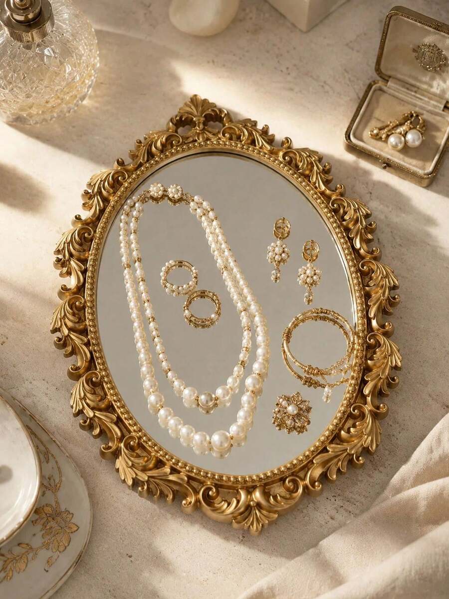 Vintage Gold Oval Mirror Jewelry Tray, Baroque Carved Vanity Storage Box, Suitable For Rings, Earrings, Necklaces And Bracelets - Multicolor - View 1