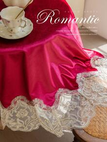1pc Italian Velvet Embroidered Tablecloth, Luxurious Lace Trim Decor, Suitable For Dining Table, Tea Table, Bedside Cabinet Decoration, Holiday Gift, Wedding, Party Decoration - Red - View 2