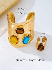 2pcs Geometric Minimalist Wide Band Fashion Inlaid Brown Gemstone Exaggerated Personalized Bracelet & Ring Set - Yellow Gold - View 4