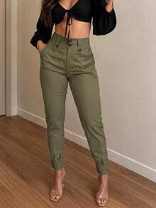 Versatile Casual Korean Style High Waist Cuffed Button Decor Cargo Pants - Army Green - View 5