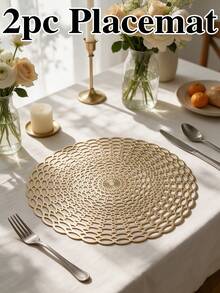 12pcs, Gold Round Hollow PVC Placemats, Washable Tabletop Decor Mats, Non-Slip Odorless Tableware Pads, Durable Highly Attractive Coasters, Suitable For Restaurants, Cafes, Homestays, Fit For Festivals, Parties, Gatherings, Birthdays, Weddings, Dinner Parties. - Multicolor - View 9