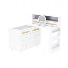Vanity Table With Jewelry Cabinet And Mirror, 10 Drawers, Tempered Glass Top And Rattan Decor, Large Dressing Table With Ample Storage, 105 * 50 * 108 Cm, White, For Bedroom And Dressing Room - View 10
