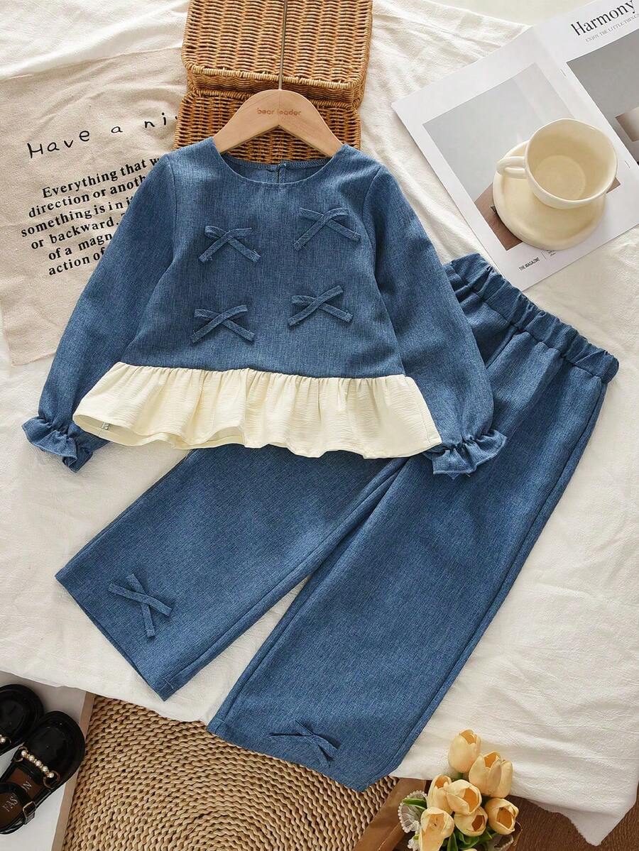 bearleader Setelan 2 potong untuk anak perempuan usia 3-7 tahun, motif denim, cocok untuk musim gugur. - Biru - View 1