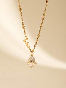 1 Piece Hamsa Hand Pendant Necklace For Women With 26 Letters Charm, Zirconia Eye Design Chain Necklace, Fashion Jewelry, Suitable For Daily Wear - Multicolor - View 8