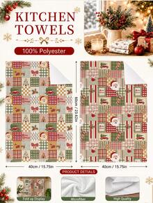 2pcs Christmas Patchwork Plaid Santa Claus & Christmas Tree Pattern Kitchen Towels, Soft Polyester Dish Cloths, Suitable For Kitchen Decor, Kitchen Cleaning, Holiday Party Decoration, Kitchen & Bathroom Supplies, Home Essentials, Home Decor, Housewarming Gift - Multicolor - View 4