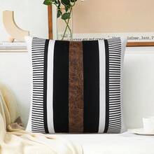 1pc Modern Minimalist Black White Brown Vertical Stripe Patchwork Pillow Case, Faux Leather Decor Geometric Line Pattern Square Decorative Cushion Cover, Suitable For Sofa Bedroom Farmhouse Style Home Decor, Pillow Insert Not Included - Black - View 13