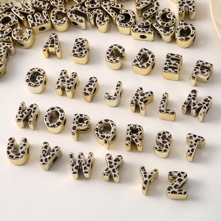 26Pcs 3D Acrylic Leopard Print Letter Beads & 2Pcs Cords, For Bracelets, Necklaces, Bagcharms, Shoelaces, Keychains, Lanyards, Letter Charms For Craft - Brown - View 1