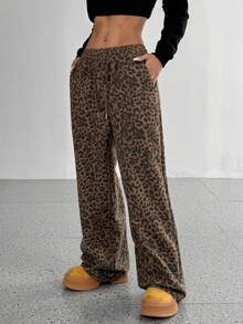 復古豹紋抽繩鬆緊高腰寬腿直筒長褲 春秋美式辣妹街頭風休閒褲 - 彩色 - 查看 4