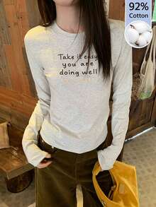 Women's Autumn Pure Cotton Letter Print Long Sleeve T-Shirt, Versatile Gray Base Layer Top, Slimming Innerwear - Gray - View 3