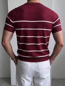 Men's Burgundy Horizontal Striped Crew Neck Knit Short Sleeve T-Shirt, Old Money Style, Slim Fit, Light Business Casual, Layering Top, Contrast Color - Burgundy - View 2