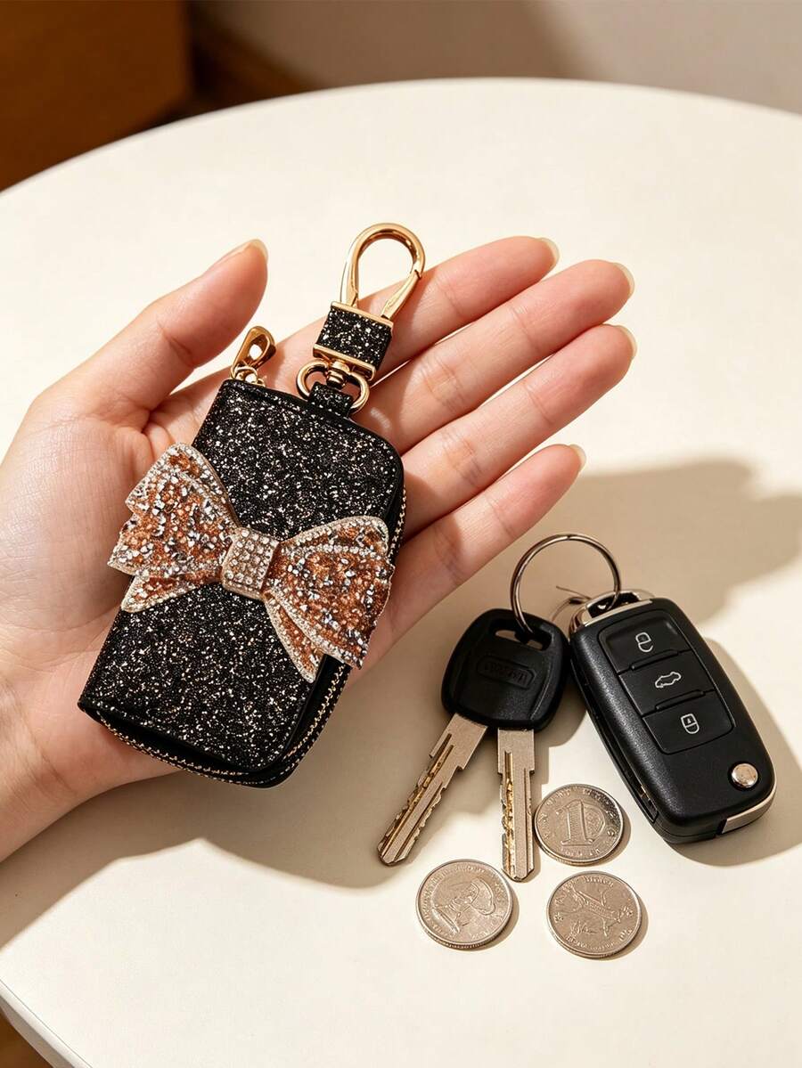 Bow Car Key Case, Key Wallet, Auto Key Protector, Built-In Chain, Protects Car Keys, Can Be Hung On Waist Or Bag, Ideal For Daily Commute And Travel, Suitable For Car Enthusiasts, Can Be Used As Car Key Cover, Remote Control Protector, Fashionable Key Chain, Earphone Bag, Coin Purse, Gift For Women, Lovers, Family, Friends, Birthday Gift, Holiday Gift, Party Gift, Travel Gift - Multicolor - View 1