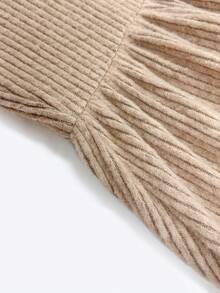 Tween Girls' Autumn/Winter Khaki Ribbed Knit Anti-Pilling Fabric Waist-Cinching A-Line Simple Daily Comfortable Versatile Casual Vintage Street Style Dress - Khaki - View 5