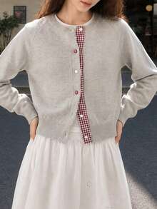 Women's Autumn/Winter Placket Woven Patchwork Cardigan Knit Sweater - Light Grey - View 4